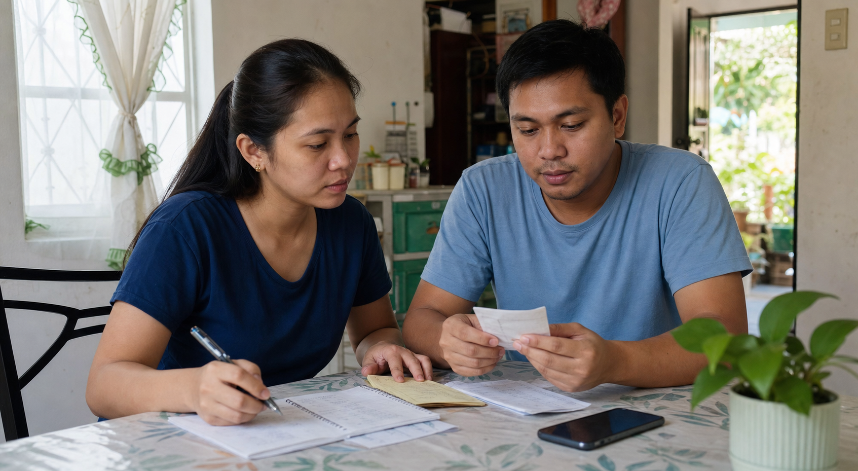 Filipino couple planning household expenses together