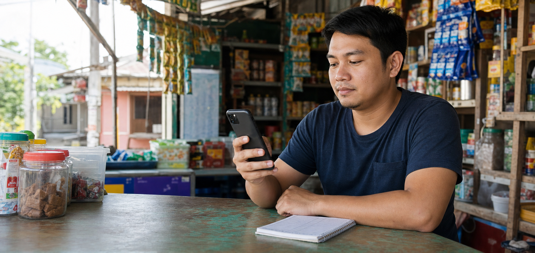 Filipino neighborhood shop owner reviewing loan choices on his phone