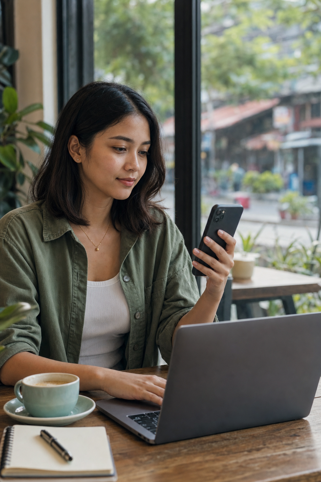 Filipino freelance professional using a phone and laptop